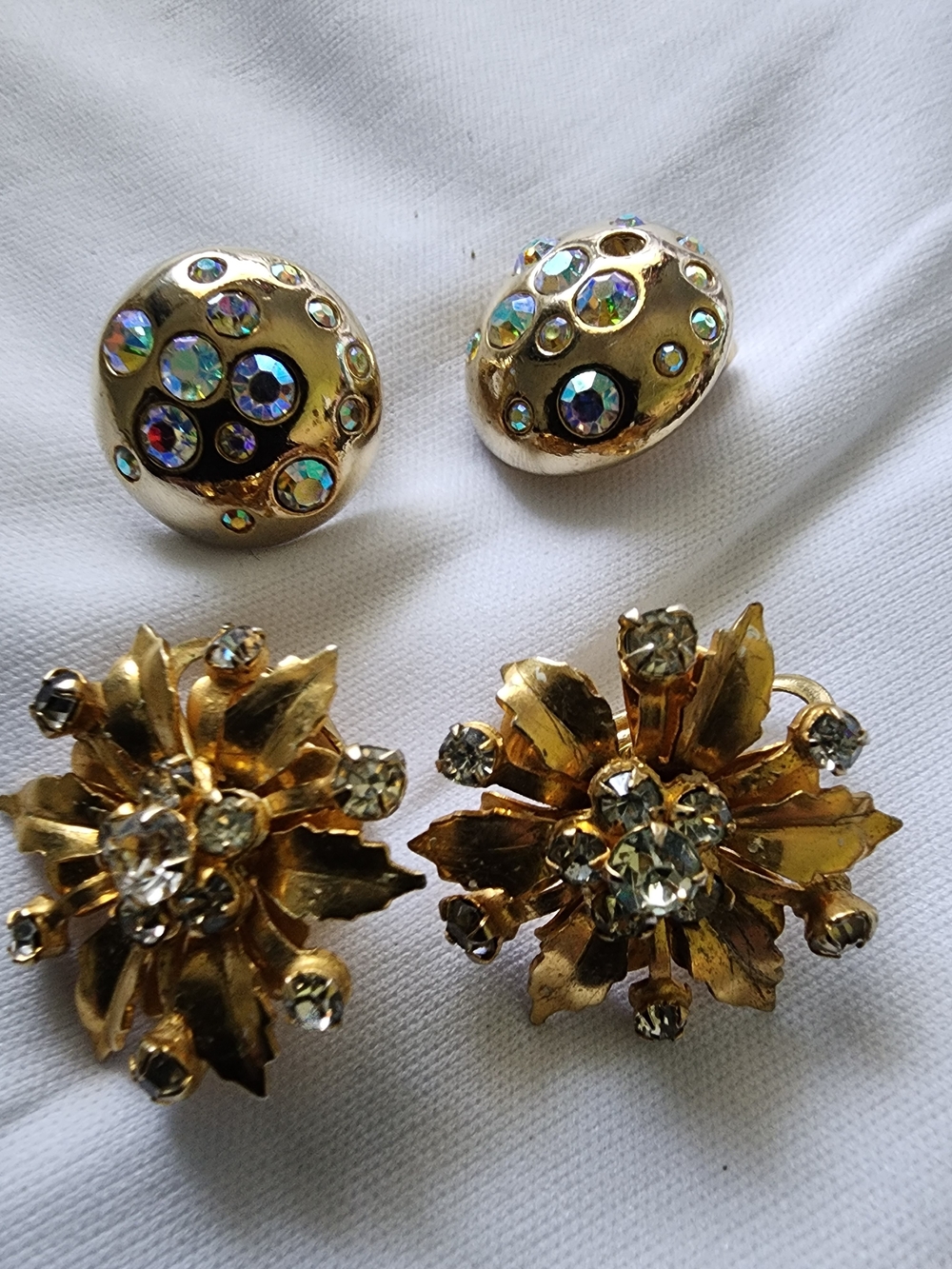 Gold-Tone Crystal Flower Clip Earrings - Sparkling Gold Vintage Custom Jewelry